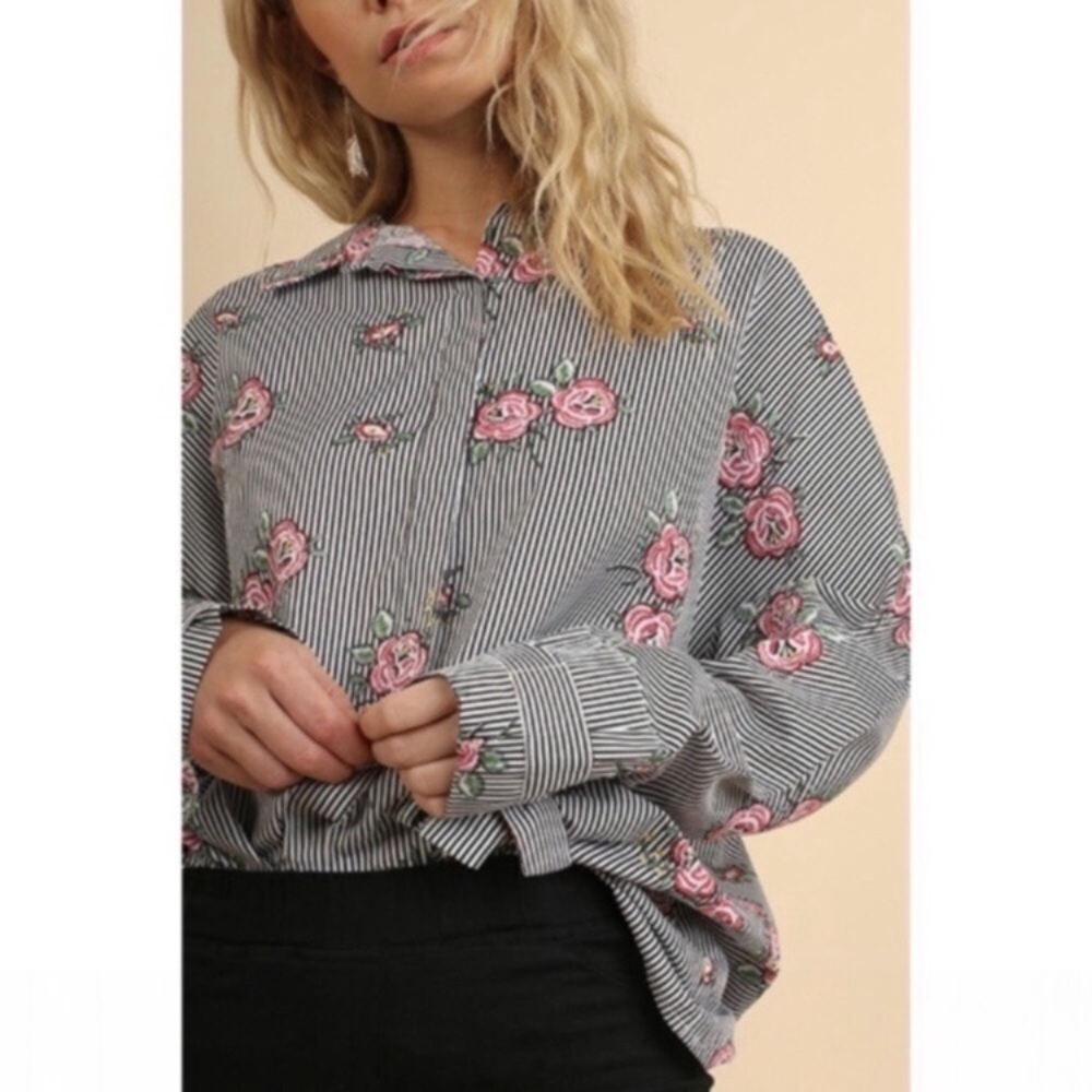 NWT Umgee Rose Striped Button Down Blouse - Picture 1 of 9